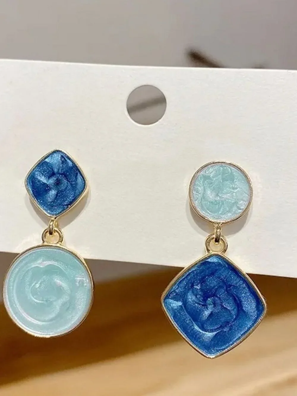 Alina Ellison Enamel Sheen Geo Dangle Earrings Blue Hues Gold Gift Packaged